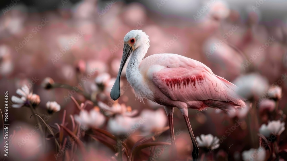 Poster an elegant pink bird with distinctive feathers walking through a beautiful daisy field, basking in s