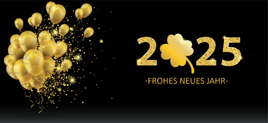Naklejka premium 2025 Frohes Neues Jahr Banner mit goldenen Luftballons und Kleeblatt