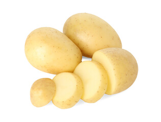Fresh whole and cut potatoes isolated on white