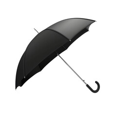 A black umbrella with a silver handle, isolated on a black background. The umbrella is open and ready to protect from the rain.