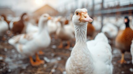 Obraz premium A single white duck is prominently seen standing among other ducks in a farm, symbolizing purity and distinction within the group setting.