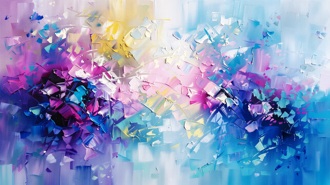 abstract mosaic background with dynamic colorful paint strokes, with a focus on the texture and depth of the paint, showing vibrant  variations from purple, pink, blue to green and yellow