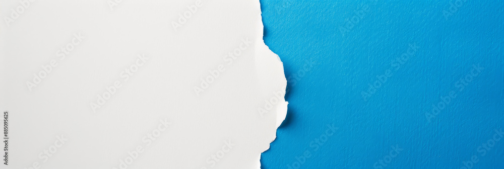 Poster blue and white paper background with torn edge. empty minimalistic copy space for text or design