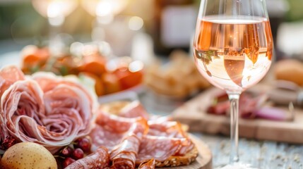 Fototapeta premium A close-up of sliced cured meats on a platter with a glass of rose wine, set against an outdoor backdrop, capturing a sophisticated and enjoyable alfresco dining moment.