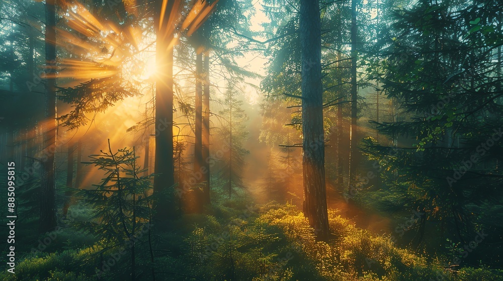 Poster Sunbeams shining through the trees in a misty forest.