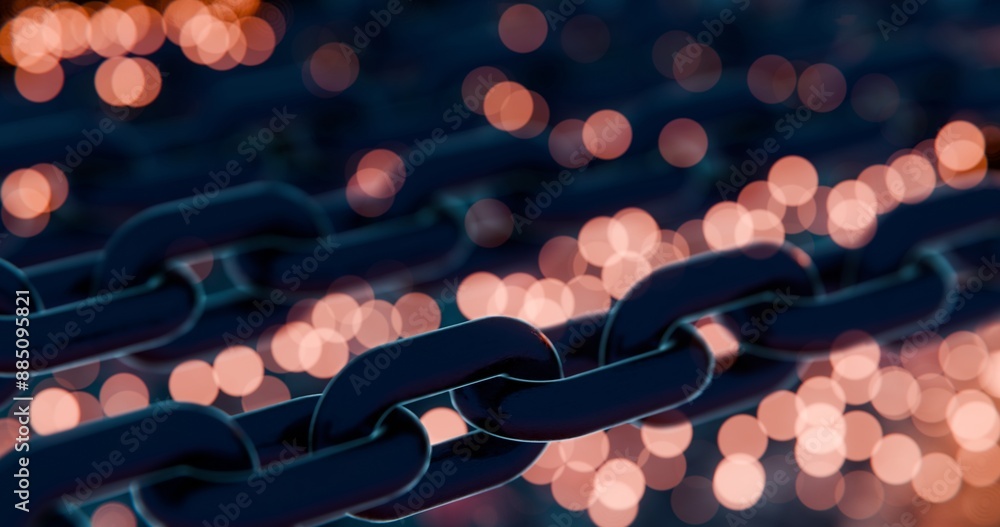 Poster futuristic blockchain concept with glowing blue bokeh and chain links