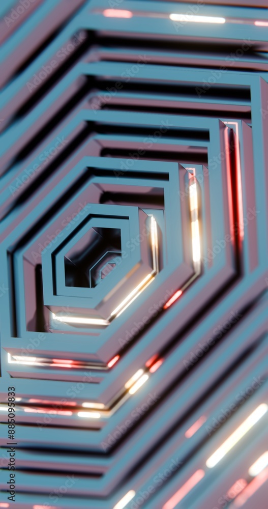 Poster Abstract Geometric Pattern with Neon Highlights and Concentric Shapes..
