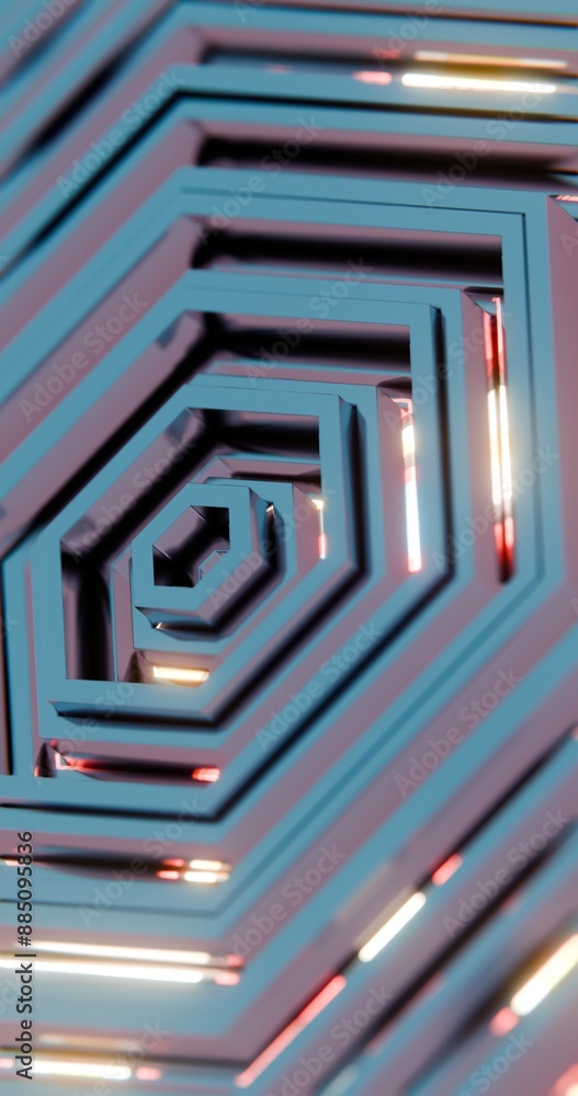 Poster Abstract Geometric Pattern with Neon Highlights and Concentric Shapes..