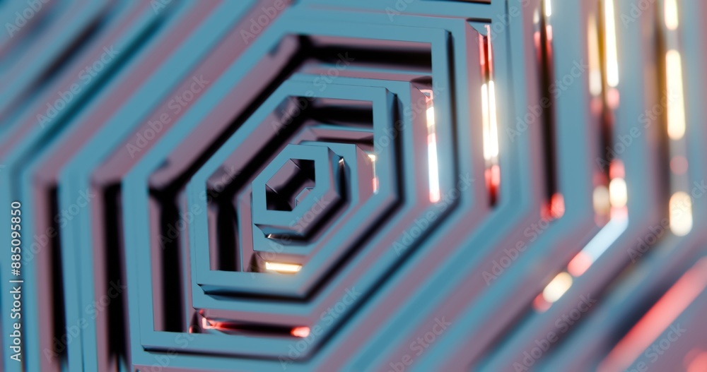 Poster Abstract Geometric Pattern with Neon Highlights and Concentric Shapes..