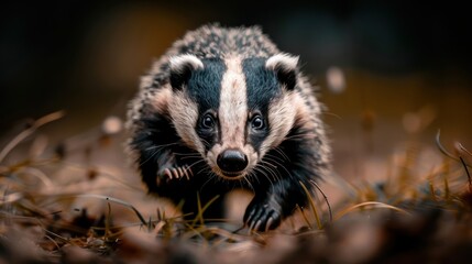 Fototapeta premium This image captures a close-up of a running badger on grassy terrain, highlighting its swift movement and natural beauty against a blurred background, evoking a sense of wild freedom.
