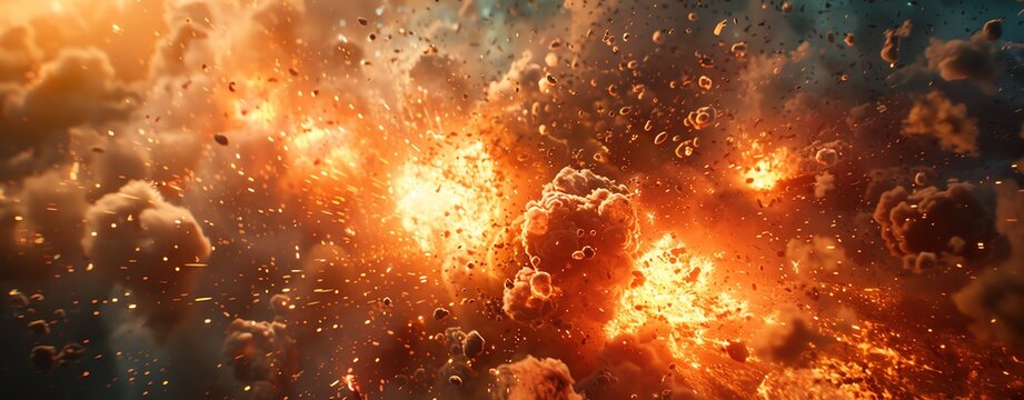 Dynamic action scene with superheroes and explosions, ample copy space