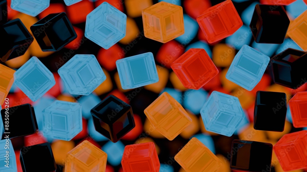 Poster Floating Multicolored Transparent and Opaque Cubes on Black Background..