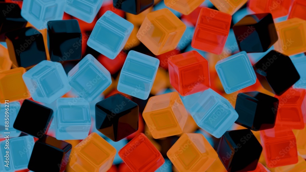 Poster Floating Multicolored Transparent and Opaque Cubes on Black Background..