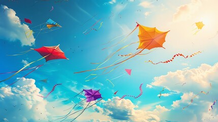 A blue sky with colorful kites flying high.