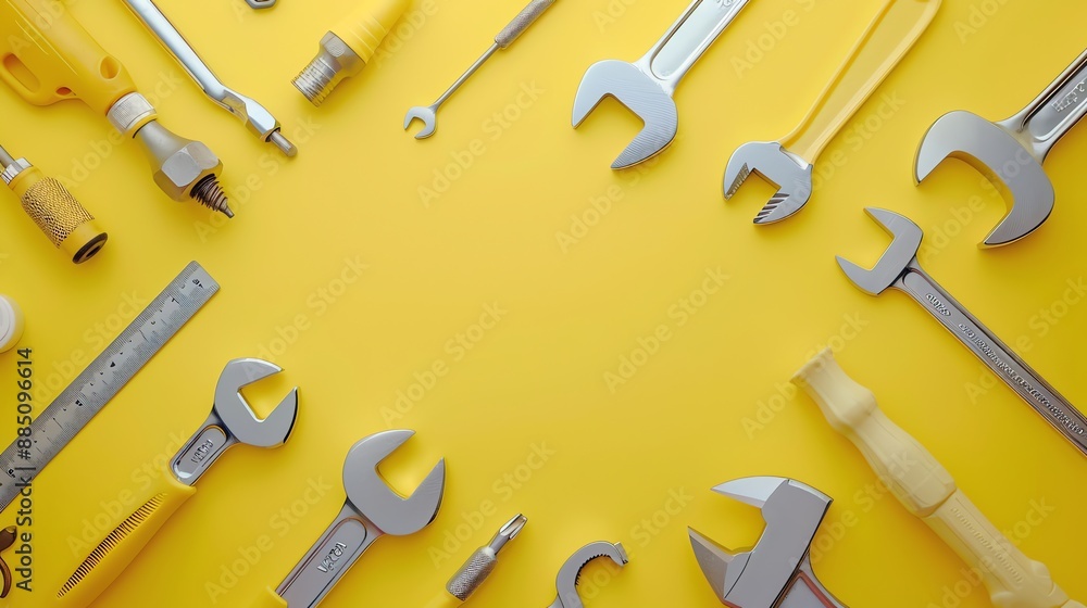 Poster a flat lay of tools on a yellow background with copy space.