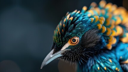 Obraz premium A stunning close-up image of a vibrant bird showcasing its brilliantly colored feathers in shades of blue, green, and gold, highlighting the beauty of nature's diversity.