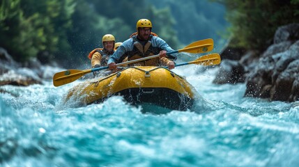 Two men navigate a roaring river in a yellow kayak, showcasing teamwork in the wild waters.