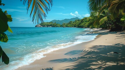 Tropical beach with palm trees and ocean waves, ample copy space