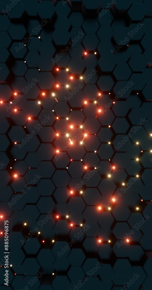 Poster Futuristic Hexagonal Pattern with Red Illuminated Lines..