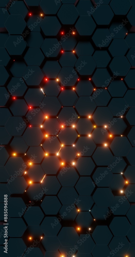 Poster Futuristic Hexagonal Pattern with Red Illuminated Lines..
