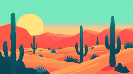 Cartoon illustration of a desert landscape with a bright sun and cacti.