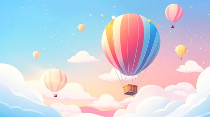 A cartoon illustration of hot air balloons floating in the sky with clouds.