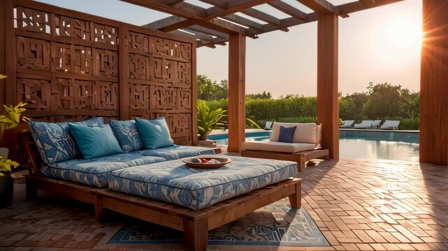 Video animation of outdoor wooden daybed with blue cushions and pillows, situated on a terracotta tiled patio under a wooden pergola