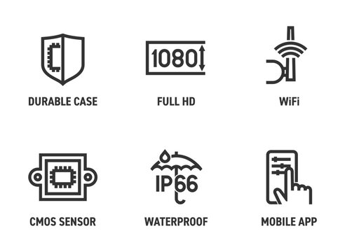 Security CCTV camera general features icons set in bold line