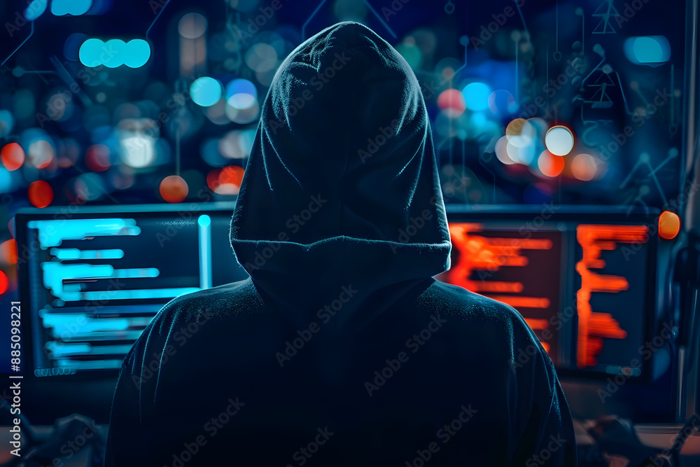 Poster top rear view of a computer hacker