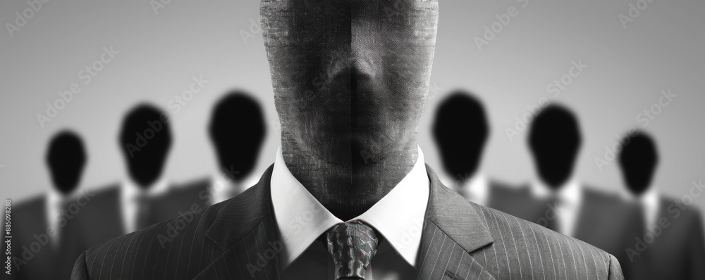 Poster a man in a suit is wearing a mask and is the center of attention. the other people in the background