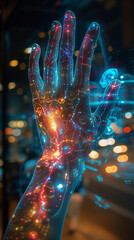Hand, robot, circuit, computer, night, colorful, internet