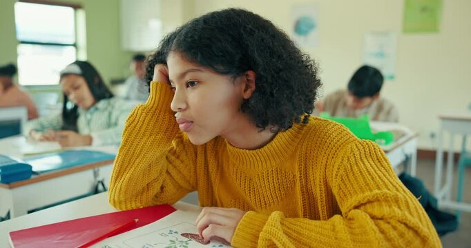 Difficulty, education or girl with fatigue in classroom for mental health, sad with adhd or thinking. Female student, school building or life crisis, frustrated with depression or stress for learning