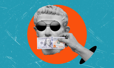 A Classic Bust Wearing Sunglasses Holds a US Dollar Bill Over Its Mouth