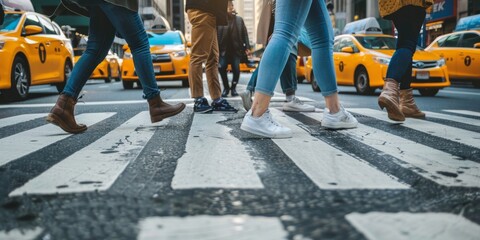 Obraz premium Close-up of People’s Legs Crossing a New York City Crosswalk. Commuting to Work, Labor Day Overtime, Holiday Travel, Modern Fast-Paced Lifestyle, Green Environmental Protection, Low Carbon Travel, Wor