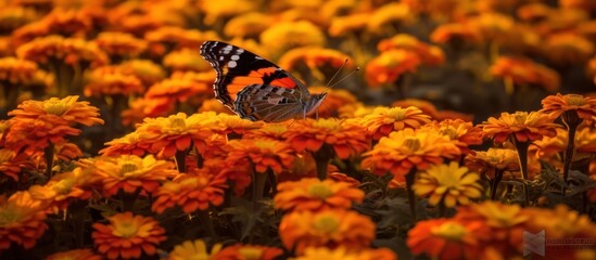 Fototapeta premium Butterfly Landing on a Bed of Orange Flowers