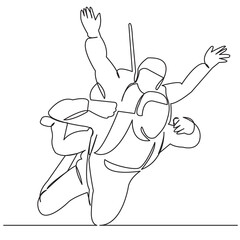 continuous single drawn line parachutists jump out of the plane, the athlete, extreme hand-drawn picture silhouette. Line art. Doodle