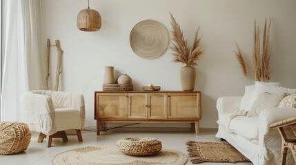 Stylish boho living room featuring a beige color scheme, wooden console, and chic decor elements.