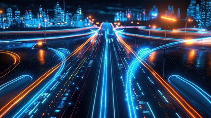 Futuristic Cityscape with Glowing Neon Roads