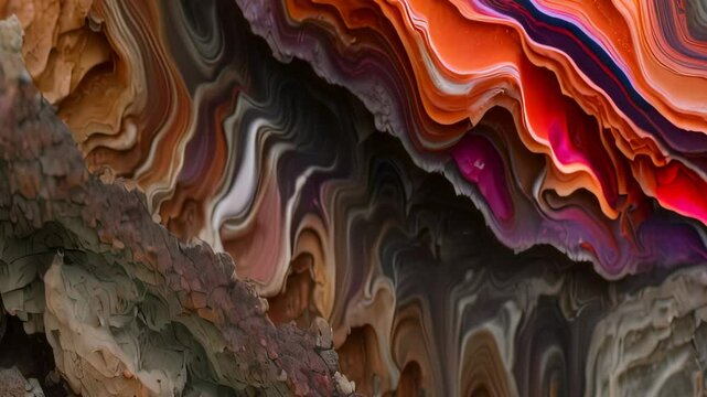 Video animation of  vibrant and abstract pattern that resembles the cross-section of a mineral or geological formation with multiple layers