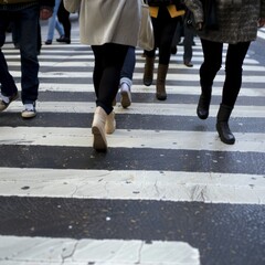 Close-up of People&rsquo;s Legs Crossing a New York City Crosswalk. Commuting to Work, Labor Day Overtime, Holiday Travel, Modern Fast-Paced Lifestyle, Green Environmental Protection, Low Carbon Travel, Wor