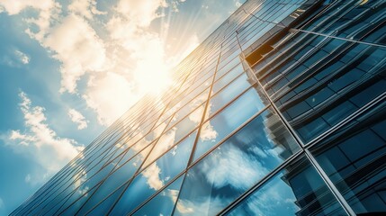 Glass Facade of a Modern Skyscraper Against a Blue Sky