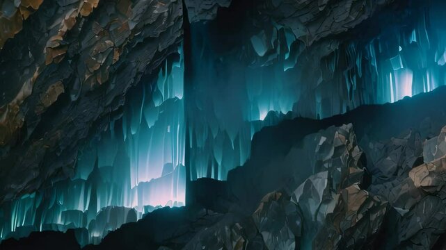 Video animation of interior view of a cave with large, striking icicles hanging from the ceiling. The lighting within the cave gives the icicles a blue hue, creating a mystical and serene atmosphere