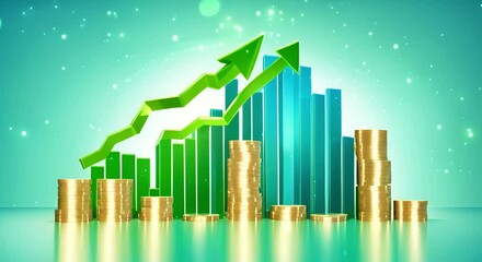 Golden coin stacks and a rising green bar chart illustrating financial growth. Animated business chart for investment and savings videos, banking, economic analysis
