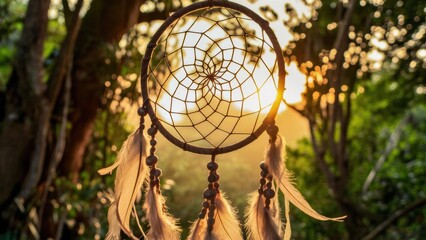 Obraz premium A dream catcher hanging from a tree in the sun, AI