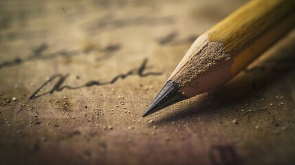 Vintage pencil writing on paper  macro close up with shallow depth of field and sepia tone