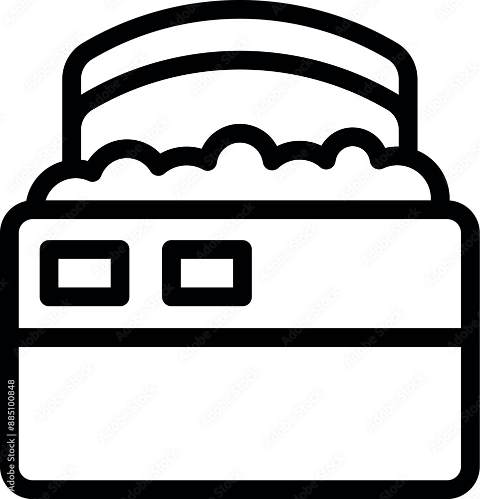 Poster line drawing of an open container full of popcorn, with a handle for carrying