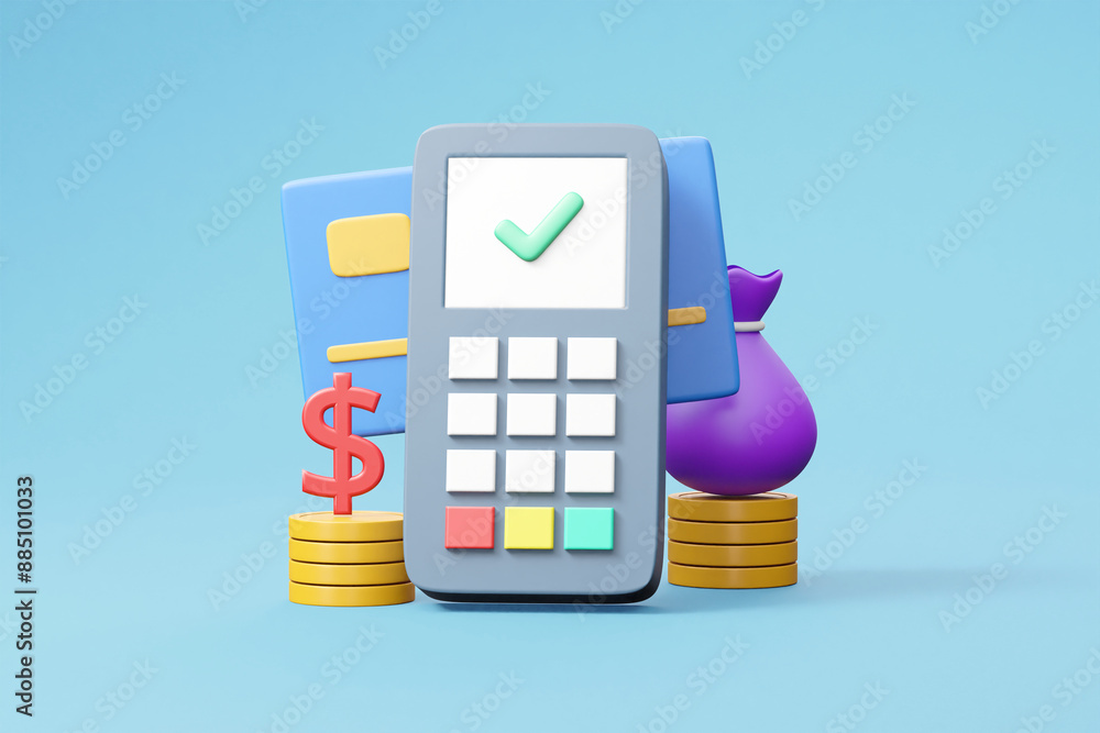 Poster a comprehensive 3d render showcasing the security and completion of a payment transaction, featuring