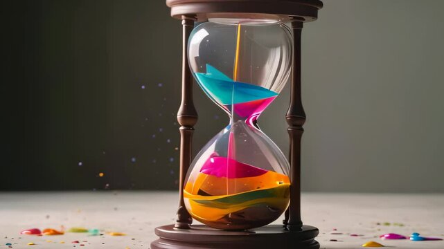 Video animation of colorful hourglass with pink, blue, and yellow sand inside it. The hourglass is set against a dark background with some brightly colored confetti scattered around its base