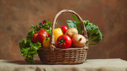 A basket of fresh vegetables in a minimalist style emphasizes simplicity and natural beauty, showcasing the vibrant colors and textures of the produce without excess decoration or embellishment.





