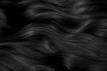 Naklejka premium Brunette or black hair. Female long dark hair in black. Beautifully laid curls. Closeup texture in a dark key. Hairdressing, hair care and coloring. Shading gray hair. Background with copy space.